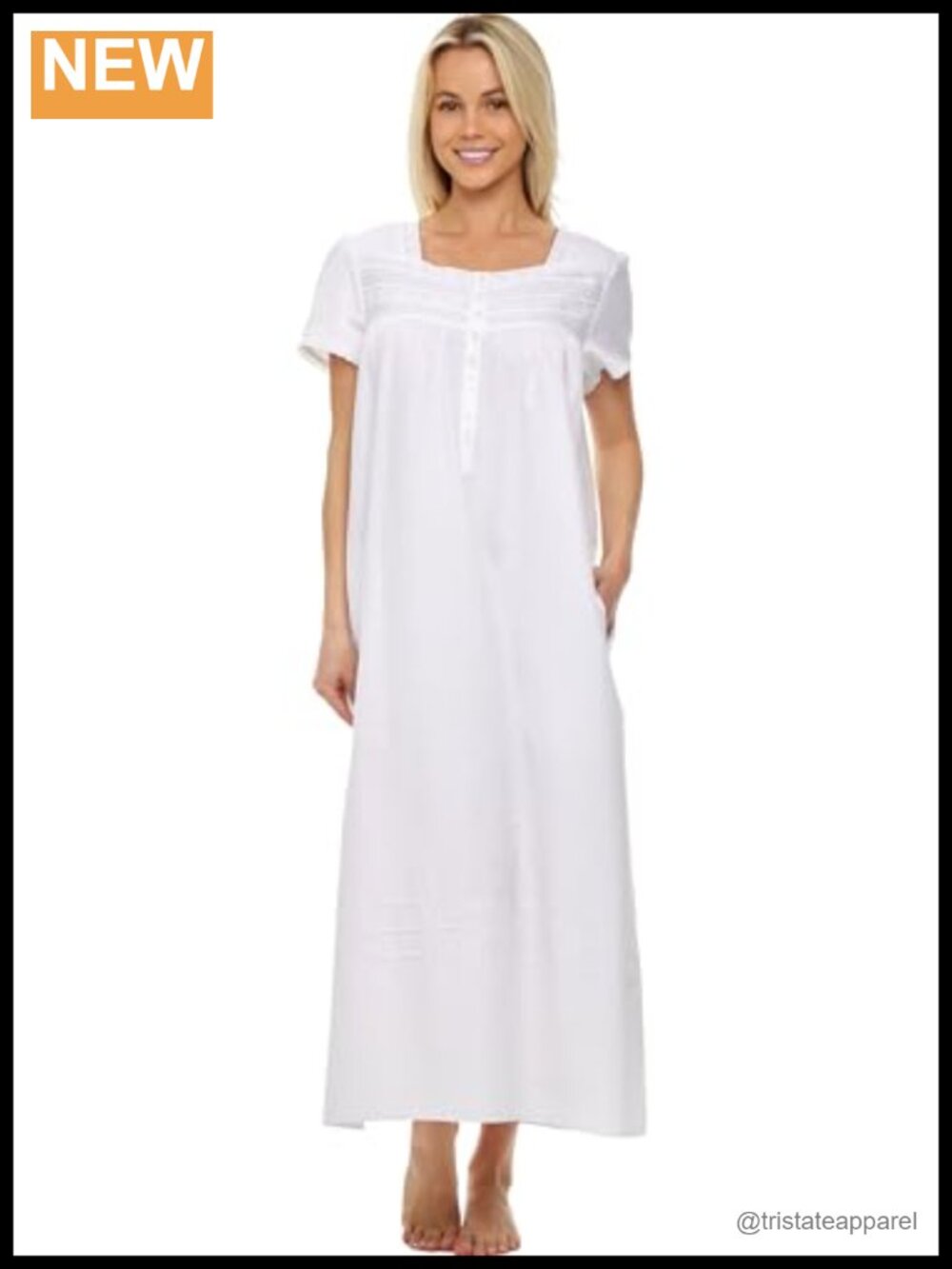 100% Cotton Nightgown Cap Sleeve Lace Trim Pockets Sleepwear